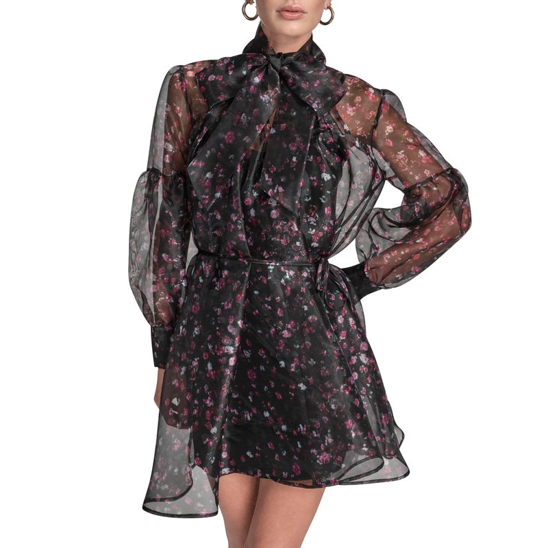 BCBG Women's Long Sleeve Tie Neck Organza Overlay Mini Dress, Black/Hot Pink - Image 1