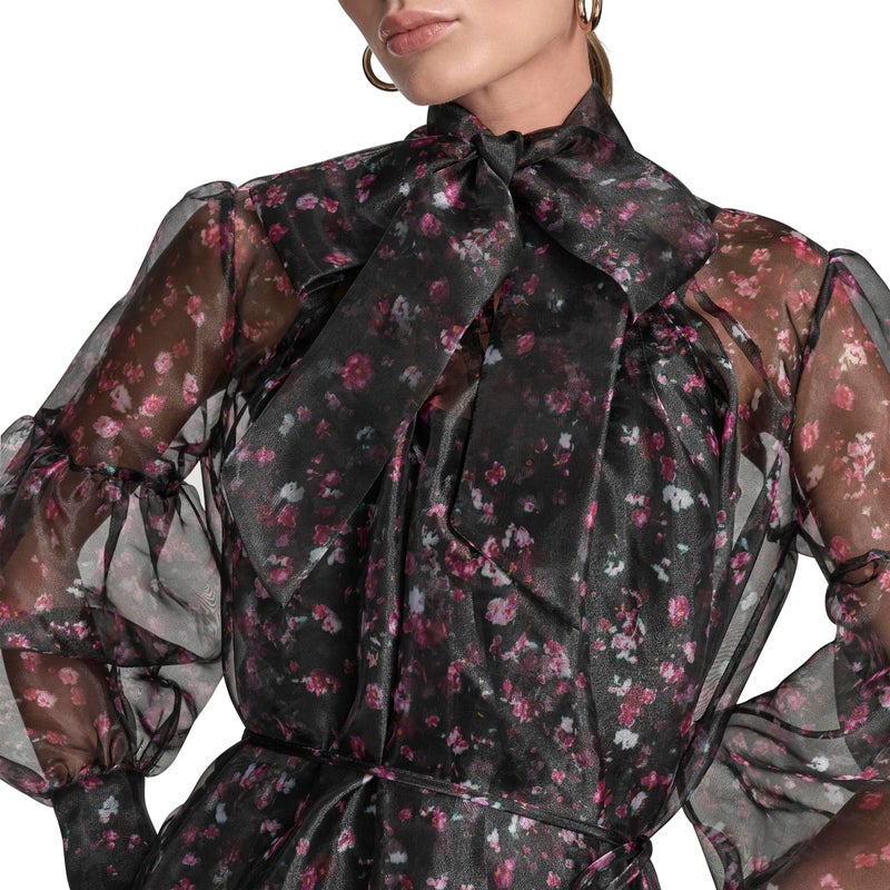BCBG Women's Long Sleeve Tie Neck Organza Overlay Mini Dress, Black/Hot Pink - Image 2