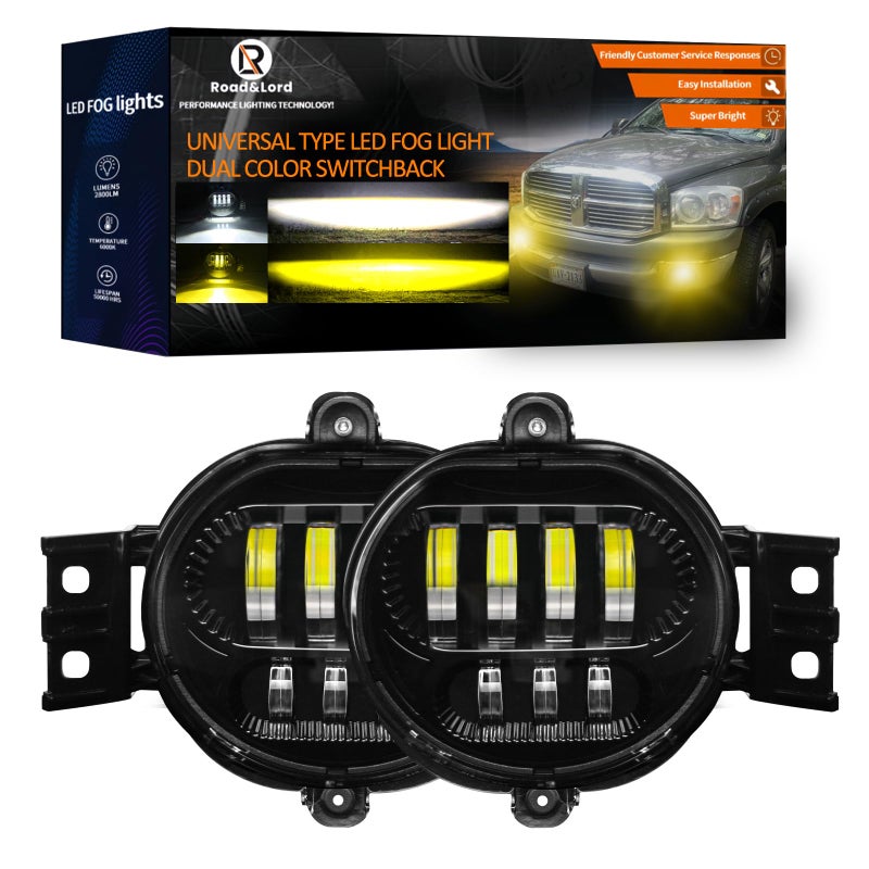 RoadandLord مصابيح ضباب LED مزدوجة اللون متوافقة مع دودج رام 1500 2002-2008 دودج رام 2500/3500 2003-2009 دورانغو شاحنة 2004-2006 مصباح قيادة LED معتمد من DOT (ضوء مزدوج اللون) - Image 1
