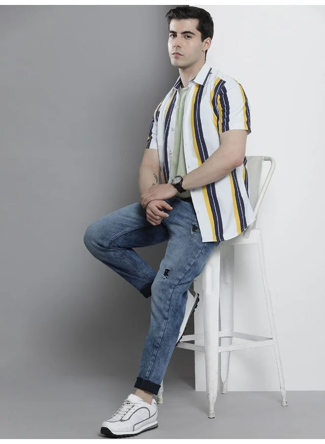 The Indian Garage Co Men Regular Fit Striped Half Sleeves Cutaway Collar Casual Shirt