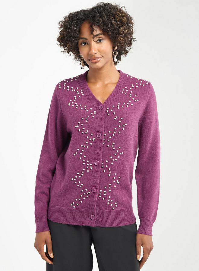 Splash FAV Embellished Button Through Cardigan with Long Sleeves - Image 1