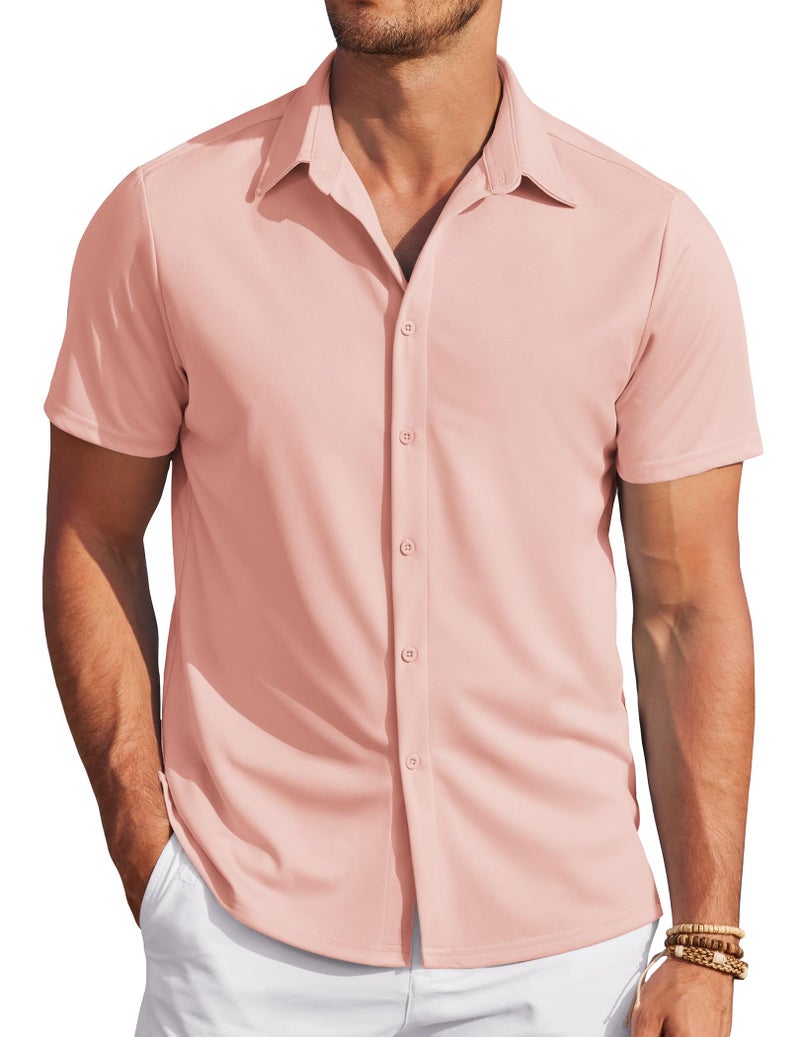 COOFANDY Mens Wrinkle Free Button Up Shirts Short Sleeve Fitted Casual Dress Shirts Light Pink - Image 1