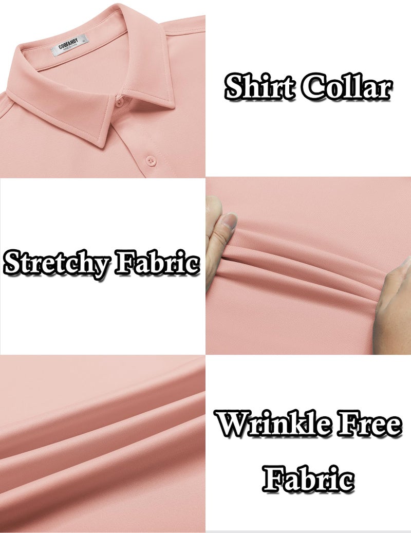 COOFANDY Mens Wrinkle Free Button Up Shirts Short Sleeve Fitted Casual Dress Shirts Light Pink - Image 4