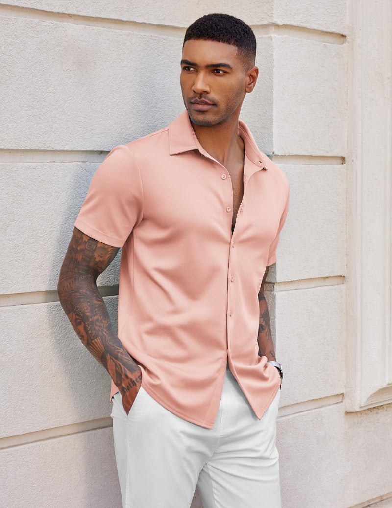 COOFANDY Mens Wrinkle Free Button Up Shirts Short Sleeve Fitted Casual Dress Shirts Light Pink - Image 3