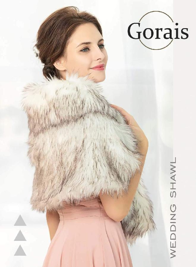 GORAIS Women's Wedding Faux Fur Shawls and Wraps Bridal Fur Scarf Stoles with Brooch for Bride and Bridesmaids (US 4-14(S-M), G Brown and White) - Image 4