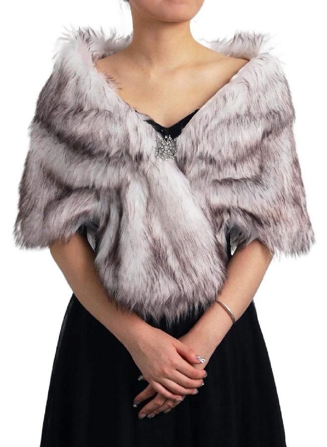 GORAIS Women's Wedding Faux Fur Shawls and Wraps Bridal Fur Scarf Stoles with Brooch for Bride and Bridesmaids (US 4-14(S-M), G Brown and White) - Image 5