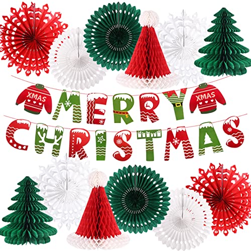 YUNXUAN Christmas Party Decorations Merry Christmas Banner Honeycomb Santa Hats Trees Hanging Snowflakes Paper Fans for Xmas Party Eve Holiday Home Decor - Image 1