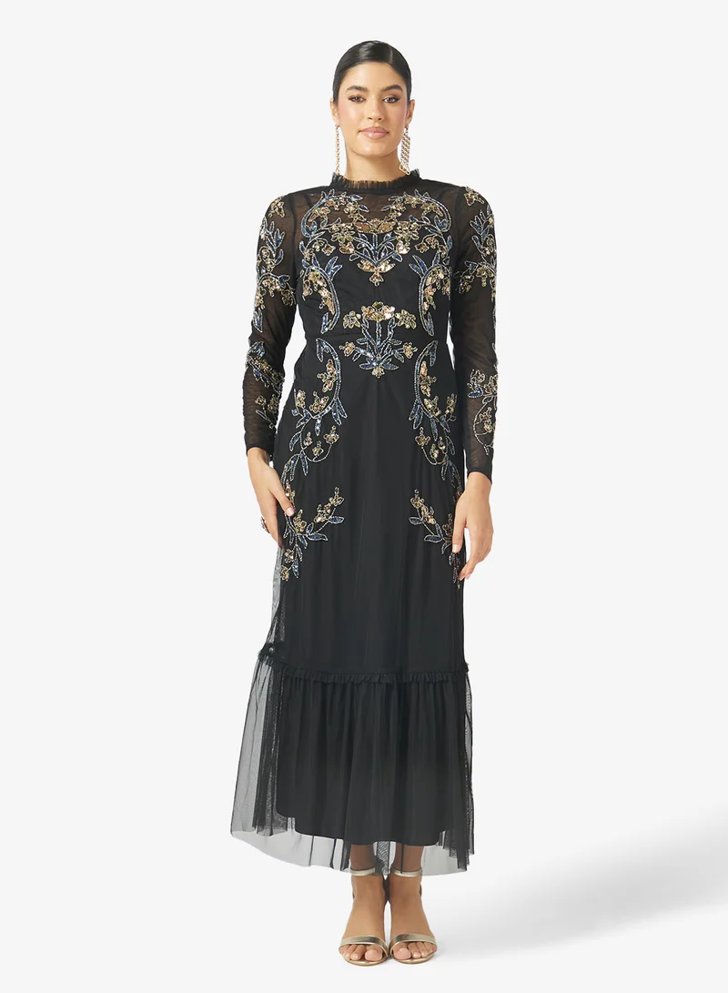 مايا Contrast Embellished Ruffle Detail Maxi Dress