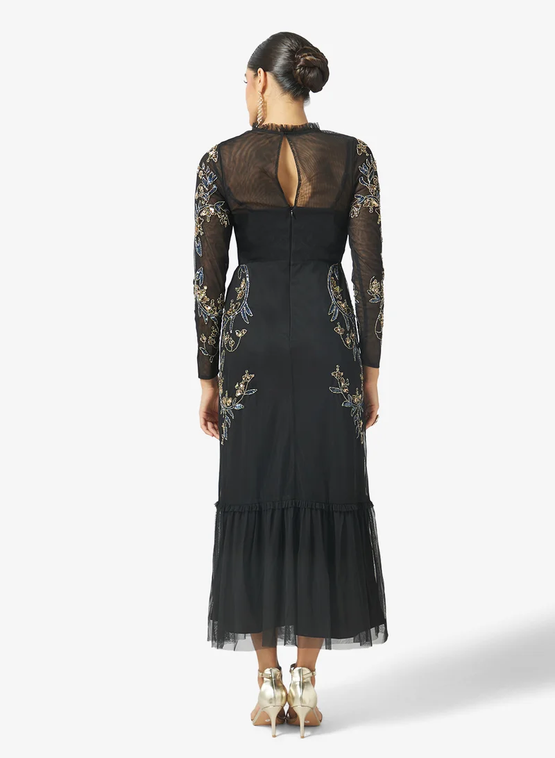 مايا Contrast Embellished Ruffle Detail Maxi Dress