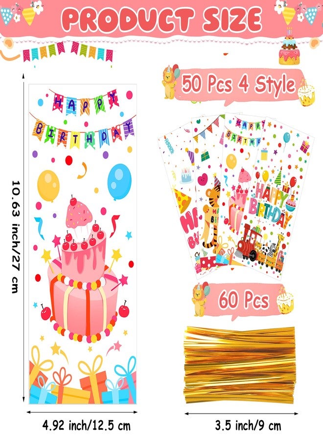 QOIUSO 50 PCS Birthday Cellophane Treat Bags - Clear Goodie Bags with 60 Twist Ties for Kids Party Favors, Candy, Small Toys, Classroom Treats – 4 Cute Designs: Tiger, Cake, Train & Balloon - Image 2