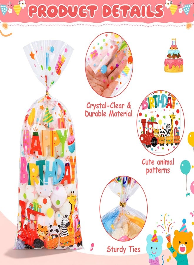 QOIUSO 50 PCS Birthday Cellophane Treat Bags - Clear Goodie Bags with 60 Twist Ties for Kids Party Favors, Candy, Small Toys, Classroom Treats – 4 Cute Designs: Tiger, Cake, Train & Balloon - Image 4