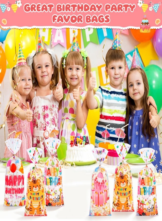 QOIUSO 50 PCS Birthday Cellophane Treat Bags - Clear Goodie Bags with 60 Twist Ties for Kids Party Favors, Candy, Small Toys, Classroom Treats – 4 Cute Designs: Tiger, Cake, Train & Balloon - Image 3