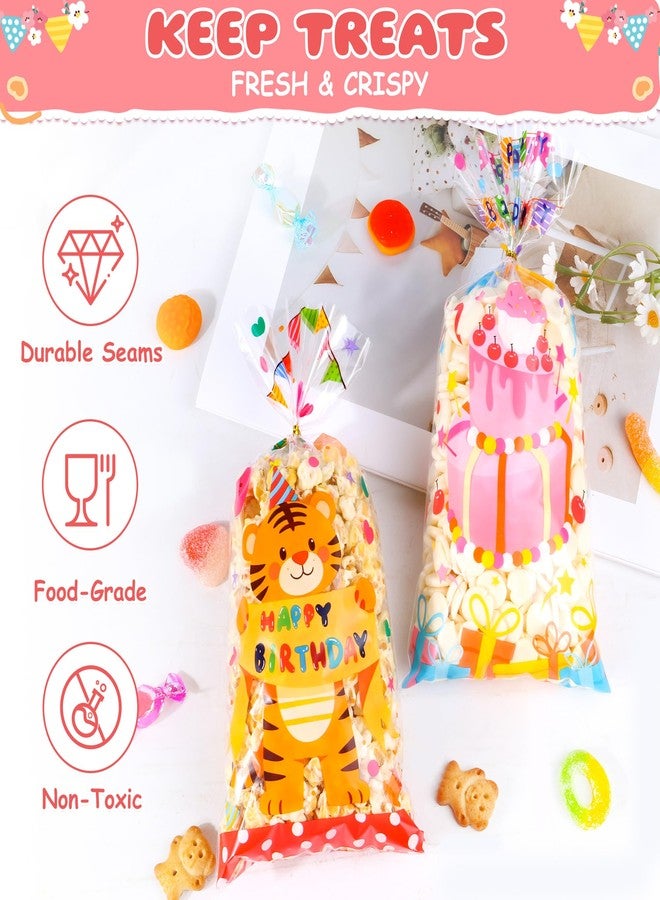 QOIUSO 50 PCS Birthday Cellophane Treat Bags - Clear Goodie Bags with 60 Twist Ties for Kids Party Favors, Candy, Small Toys, Classroom Treats – 4 Cute Designs: Tiger, Cake, Train & Balloon - Image 5