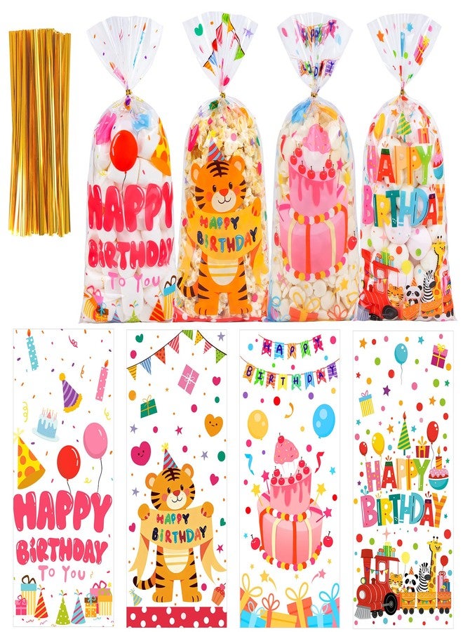 QOIUSO 50 PCS Birthday Cellophane Treat Bags - Clear Goodie Bags with 60 Twist Ties for Kids Party Favors, Candy, Small Toys, Classroom Treats – 4 Cute Designs: Tiger, Cake, Train & Balloon - Image 1