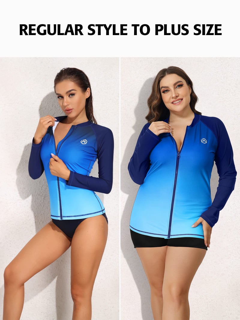 ATTRACO Womens Rash Gaurd Shirt Long Sleeve Rashguards Zip Up Surfing Swim Tops Gradient Blue S - Image 5