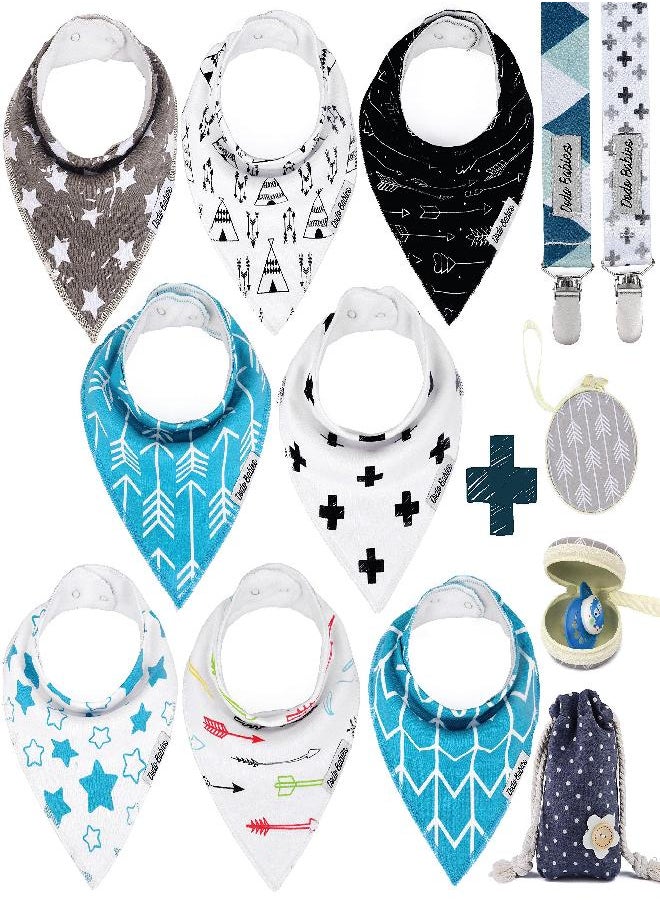 Dodo Babies Bandana Drool Bib Set - Eight 100% Cotton Bibs with Soft Polyester Lining, 2 Pacifier Clips, Binky Case, Blue Gift Bag for Baby Girl or Boy Shower - Adjustable Snap Fit for 3-24 Months - pzsku/ZED3A25F3EA93745EDDD4Z/45/_/1686567665/18ed7eef-9136-404f-b40d-e14cc90cd40b