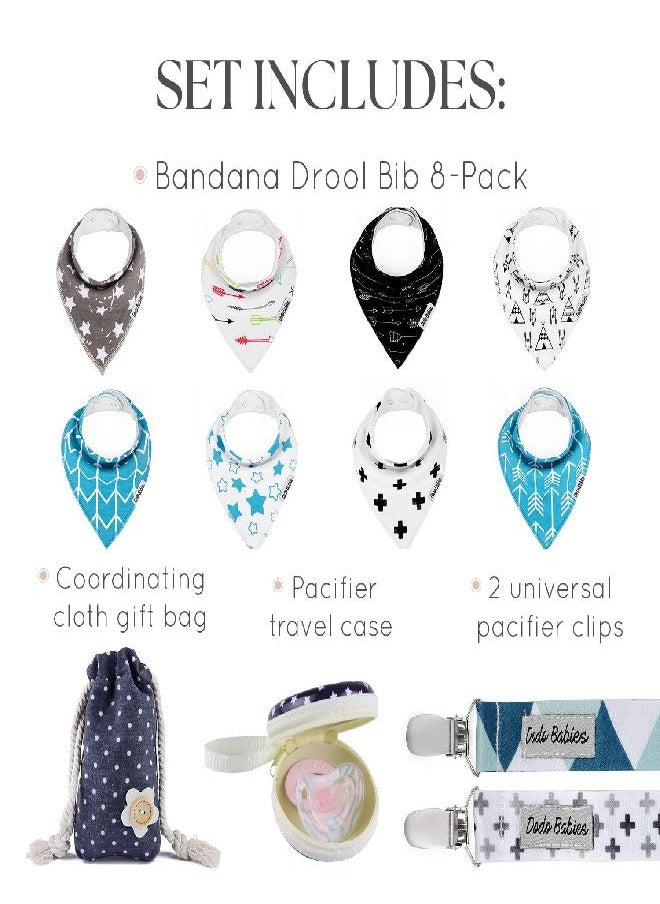 Dodo Babies Bandana Drool Bib Set - Eight 100% Cotton Bibs with Soft Polyester Lining, 2 Pacifier Clips, Binky Case, Blue Gift Bag for Baby Girl or Boy Shower - Adjustable Snap Fit for 3-24 Months - pzsku/ZED3A25F3EA93745EDDD4Z/45/_/1686567674/04f6386e-e033-4287-b2ba-92ec5db876be