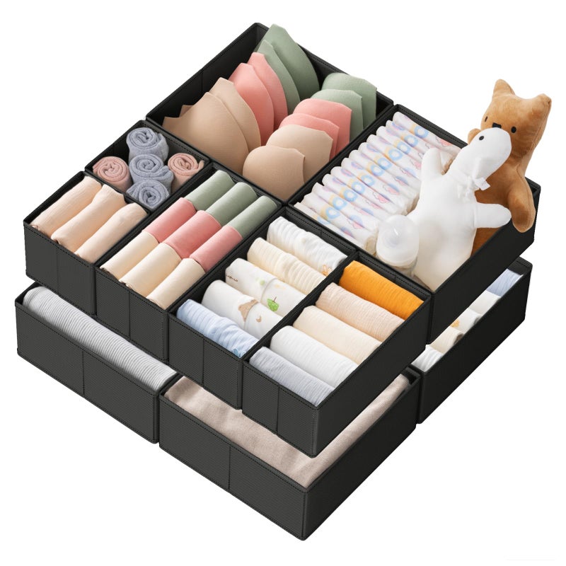 Criusia Drawer Organizer Clothes, 10 Pack Dresser Organizer for Baby Clothes, Underwear, Sock- Foldable Closet Organization and Storage Dividers Bins for Nursery, Bedroom (Black) - Image 1