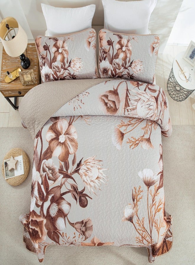 Drucon Khaki Floral Quilt Set Queen 3 Pieces Boho Flower Quilt Coverlet Set Soft Microfiber Lightweight Floral Quilted Bedspread with 2 Pillow Shams for All Season 90"x96" - Image 3