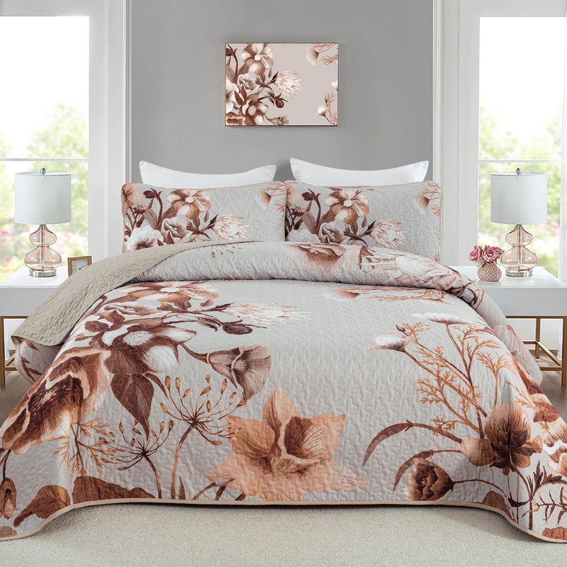Drucon Khaki Floral Quilt Set Queen 3 Pieces Boho Flower Quilt Coverlet Set Soft Microfiber Lightweight Floral Quilted Bedspread with 2 Pillow Shams for All Season 90"x96" - Image 1