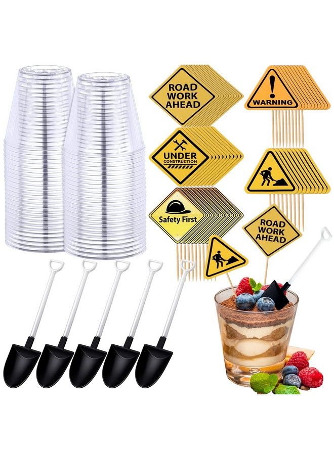 BBTO 150 Pieces Construction Party Supplies 50 Pieces Plastic Shovel Shape Novelty Spoons 50 Pieces Cake Desserts Cups 50 Pieces Construction Cupcake Toppers For Construction Themed Birthday Party - Image 1