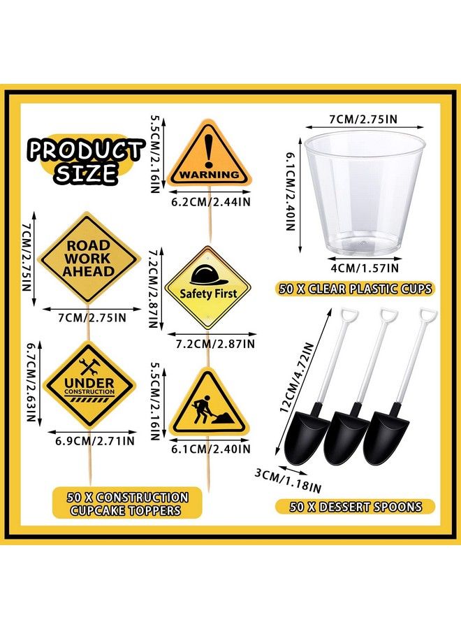 BBTO 150 Pieces Construction Party Supplies 50 Pieces Plastic Shovel Shape Novelty Spoons 50 Pieces Cake Desserts Cups 50 Pieces Construction Cupcake Toppers For Construction Themed Birthday Party - Image 3