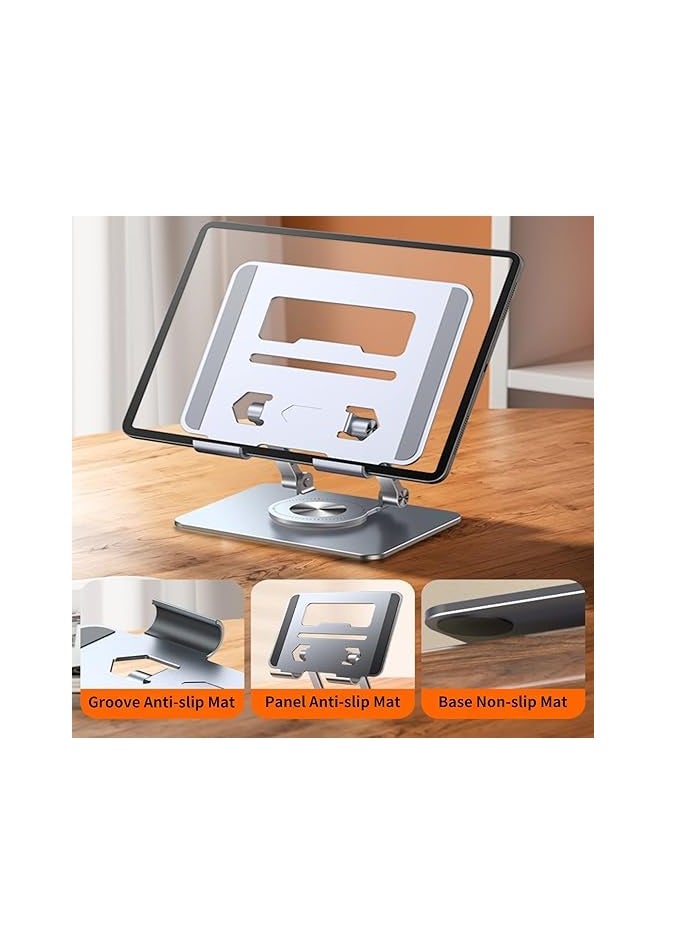 Portable Aluminum Foldable Stand with 360° Rotating Base, Height Adjustable, Compatible with iPad Pro/Air/Mini, Suitable for Kindle & Foldable Phones, Ideal for Home and Office (Dark Gray)