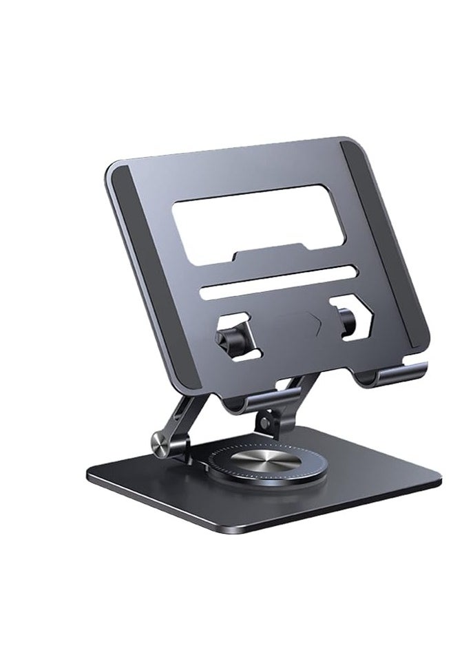 Portable Aluminum Foldable Stand with 360° Rotating Base, Height Adjustable, Compatible with iPad Pro/Air/Mini, Suitable for Kindle & Foldable Phones, Ideal for Home and Office (Dark Gray)