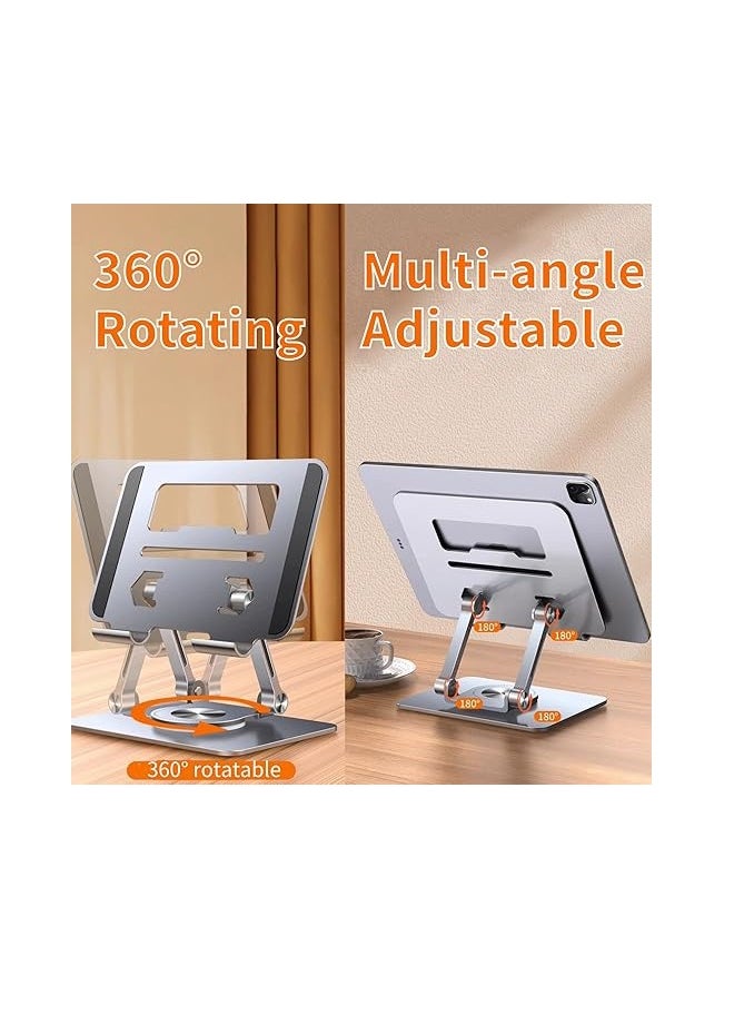 Portable Aluminum Foldable Stand with 360° Rotating Base, Height Adjustable, Compatible with iPad Pro/Air/Mini, Suitable for Kindle & Foldable Phones, Ideal for Home and Office (Dark Gray)