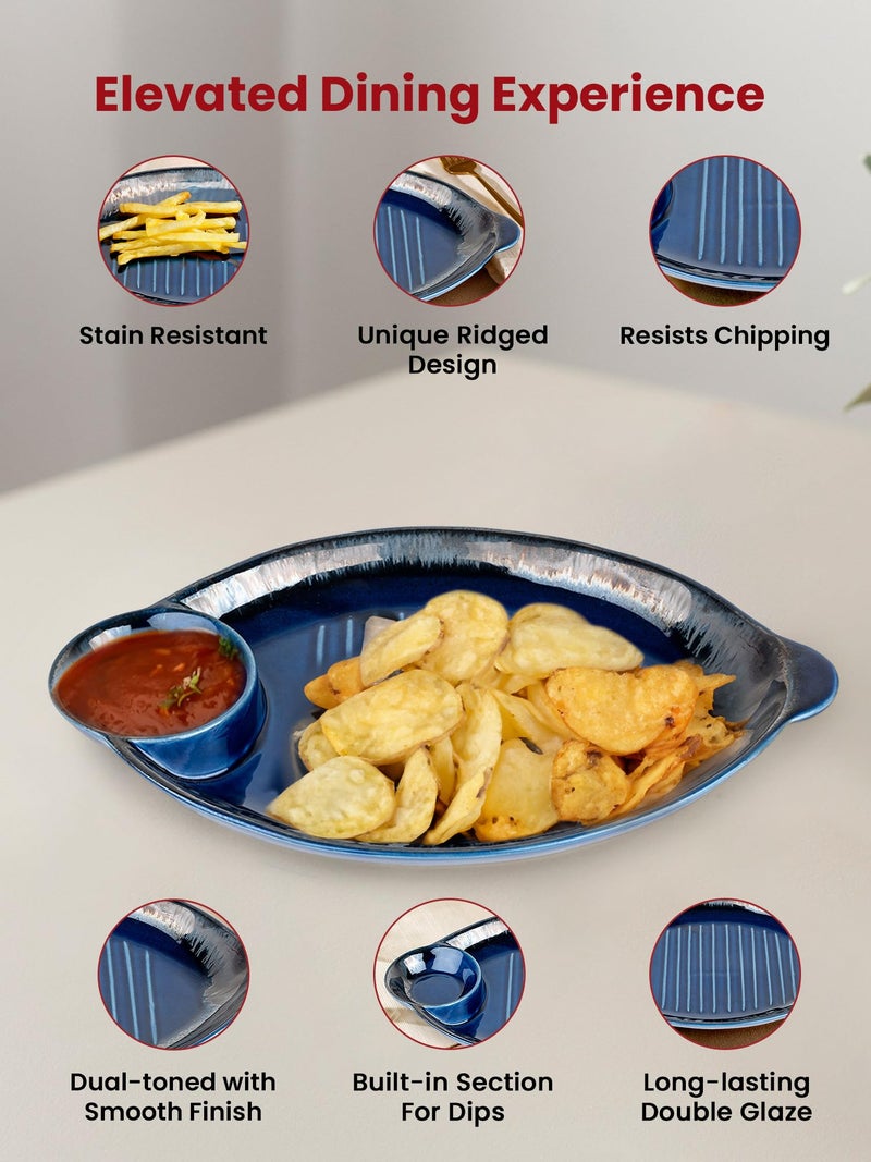 USHA SHRIRAM Ceramic Snack Tray With Dip Bowl | Chutney Bowl | Salsa Dip Tray (13 Inch)| Ceramic Serving Platter | Platter Tray | Snack Tray | Serving Plate | Microwave Safe Plates (Navy) - Image 2