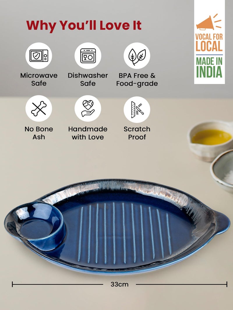USHA SHRIRAM Ceramic Snack Tray With Dip Bowl | Chutney Bowl | Salsa Dip Tray (13 Inch)| Ceramic Serving Platter | Platter Tray | Snack Tray | Serving Plate | Microwave Safe Plates (Navy) - Image 3