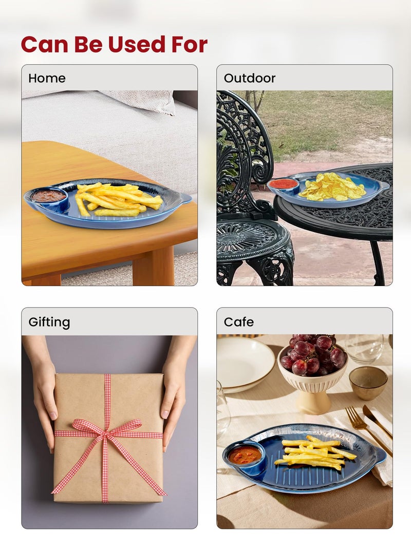 USHA SHRIRAM Ceramic Snack Tray With Dip Bowl | Chutney Bowl | Salsa Dip Tray (13 Inch)| Ceramic Serving Platter | Platter Tray | Snack Tray | Serving Plate | Microwave Safe Plates (Navy) - Image 4