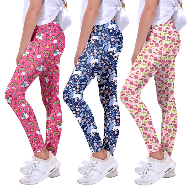 Quedoris Girls 3-Pack Printed Leggings Watermelon Unicorn/Cherry/Daisy Unicorn 130Y - Image 1