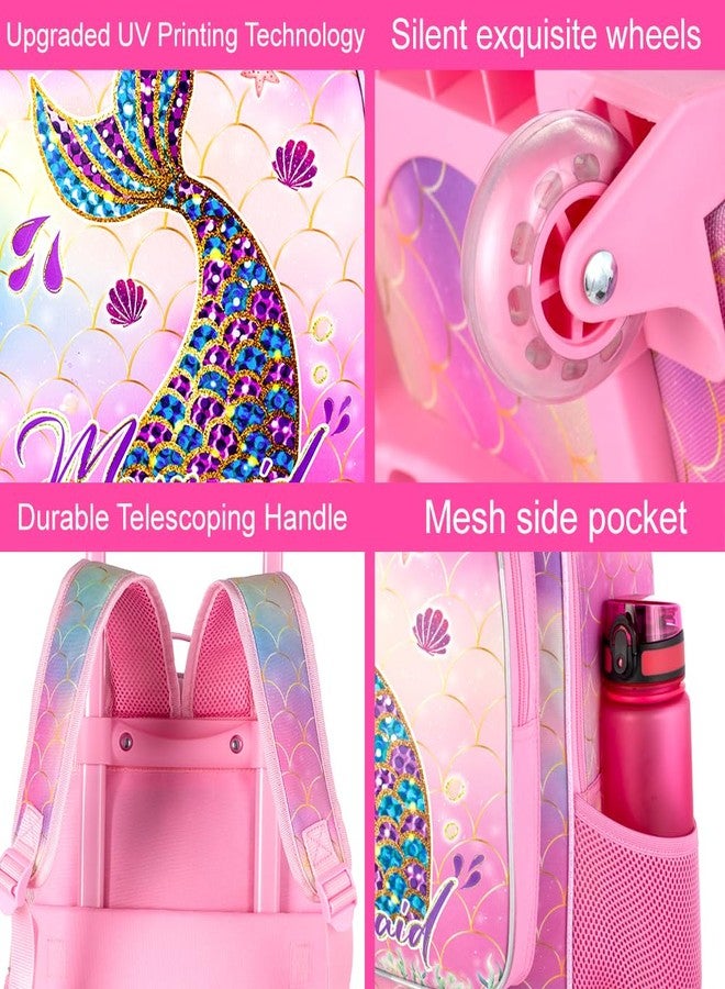 HPJGD 3PCS Mermaid Rolling Backpack for Girls, Kids School Backpacks with Wheels, Water Resistant UV Printed Roller Wheeled Bookbag Set with Lunch Box - Image 5