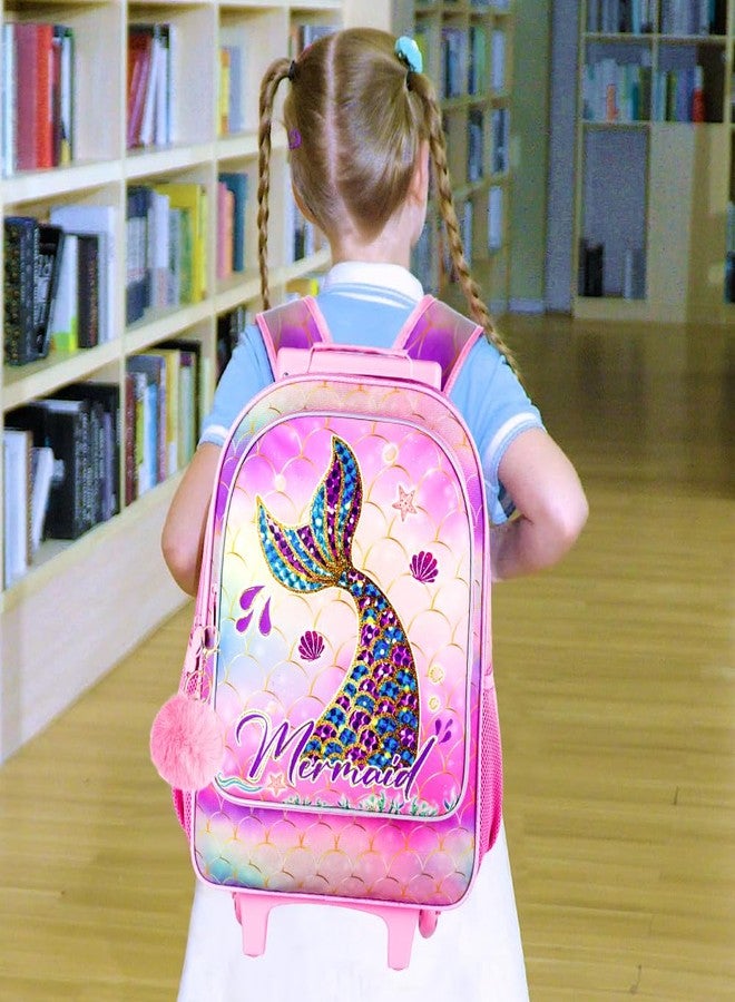 HPJGD 3PCS Mermaid Rolling Backpack for Girls, Kids School Backpacks with Wheels, Water Resistant UV Printed Roller Wheeled Bookbag Set with Lunch Box - Image 2
