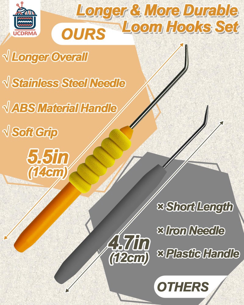UCDRMA Knitting Loom Hook with Soft Grip, More Comfortable Loom Knitting Hook for Arthritic Hands, 6PCS Longer Loom Crochet Hooks (5.5in) Stainless Steel Yarn Loom Hooks with 12 Sewing Needles (S) - Image 2