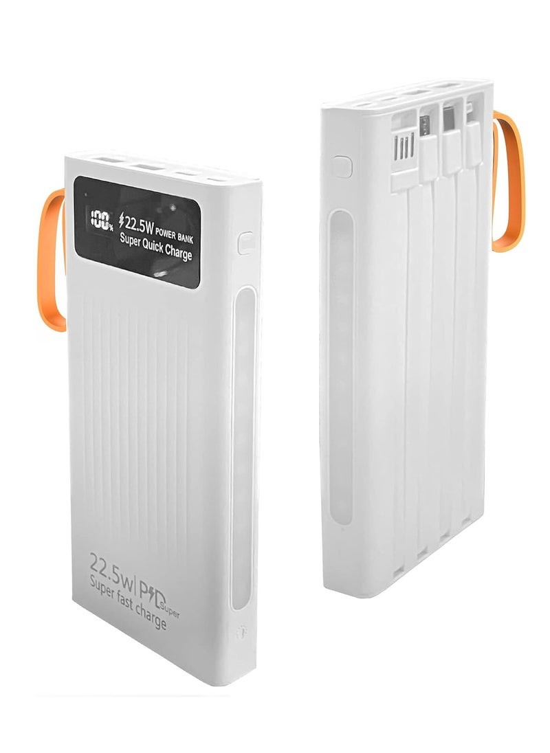 OALE Power Bank with Built in Cables, 10,000mAh, 22.5w PD fast charging, multiple output ports ports, supports iPhone and Samsung Galaxy fast charging (White) 