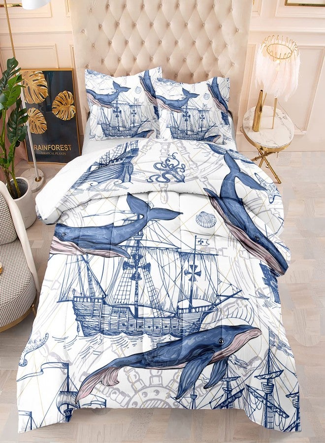 CVHOUSE Whale Comforter Set - Twin Size Nautical Sailing Quilt Set - White and Blue Ocean Decor 3 Pieces - Image 1