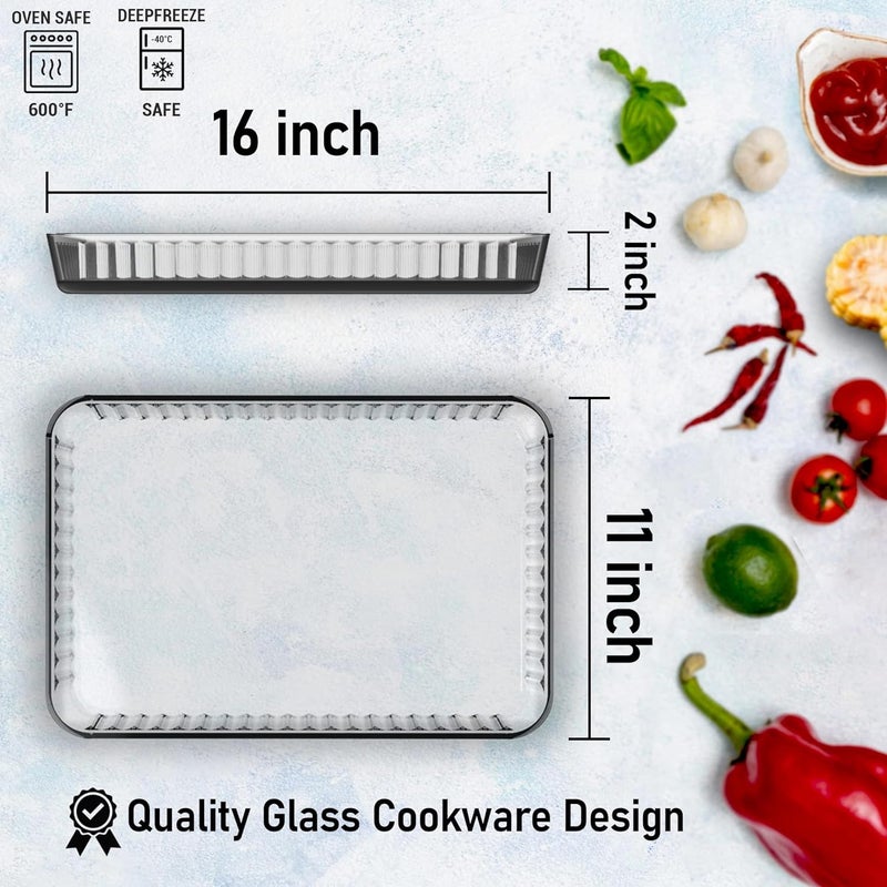 UMS 4-Qt (16" x 11" x 2") Glass Baking Dishes for Oven, Glass Oven Pan & Tray Bakeware, Borosilicate Glass Casserole Dish Cookware, Microwave & Oven-Safe Clear Bakeware - Image 2