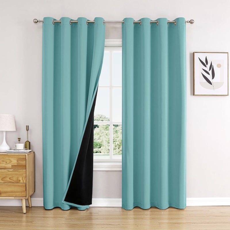 ChrisDowa 100% Blackout Curtains 90 inch Long for Bedroom with Black Liner  2 Thick Layers Total Blackout Thermal Insulated Grommet Window Curtains 2 Panels Set (Aqua  52 x 90 Inch) - Image 1