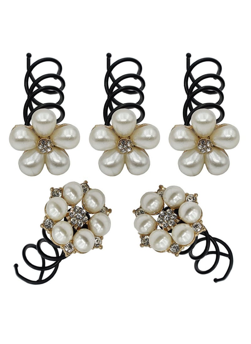 Suoirblss 5PCS Imitation Pearl Spiral Twist Screw Hair Pins Rhinestone Flower Hair Clips Spiral Bobby Pins Hair Bun Styling Tool Hair Accessories for Women Lady D 