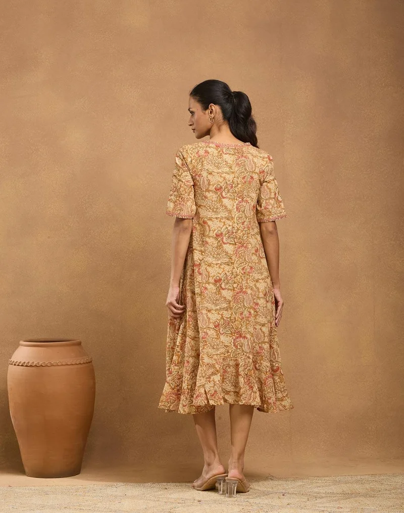Fabindia Beige Cotton Kalamkari Printed Midi Dress