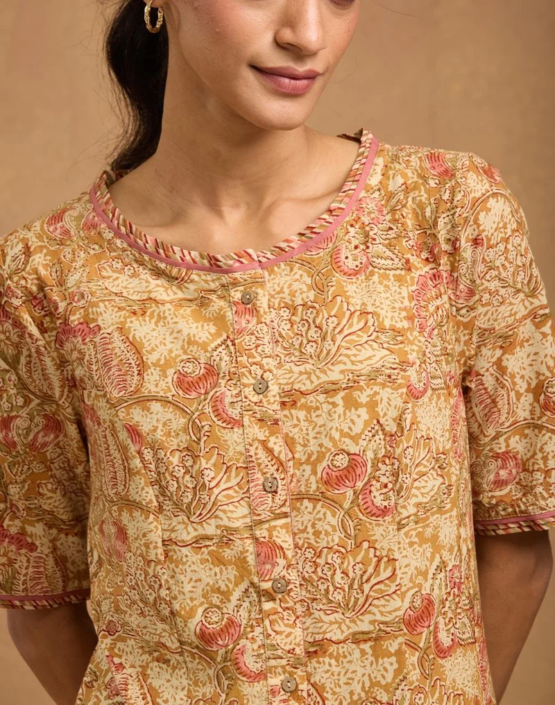 Fabindia Beige Cotton Kalamkari Printed Midi Dress
