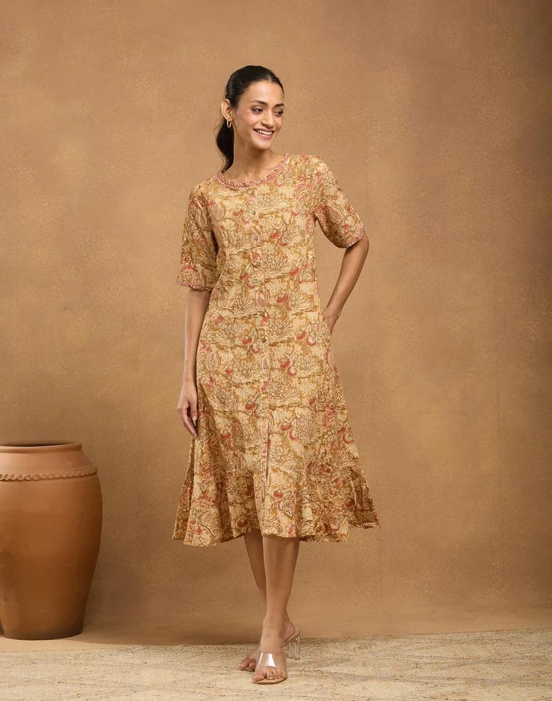 Fabindia Beige Cotton Kalamkari Printed Midi Dress