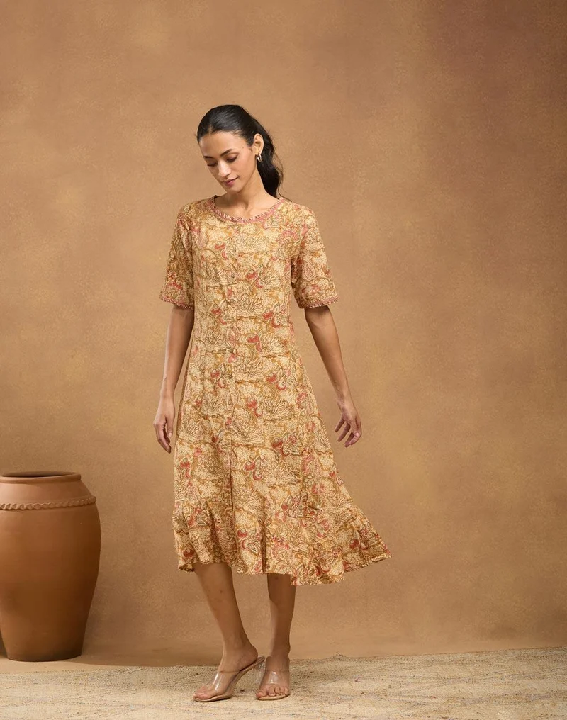 Fabindia Beige Cotton Kalamkari Printed Midi Dress
