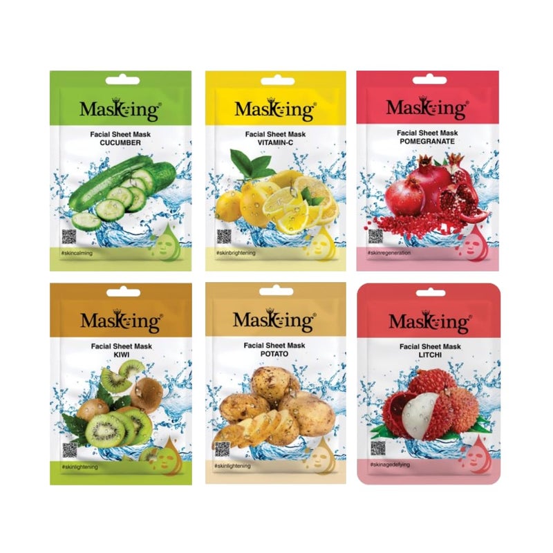 MasKing Beauty Cucumber VitaminC Pomegranate Kiwi Potato Litchi extract Facial sheet mask for glowing and hydrating daily Skin care combo pack of 6 - Image 1