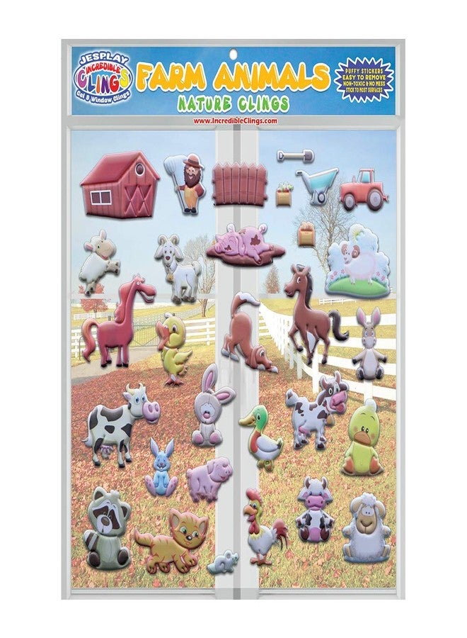 JesPlay Funny Farm Animals Window Clings for Kids & Toddlers (by Jesplay USA - Reusable Window Stickers Gels & Decals) Puffy Sticker Activites for Car Plane Home- Horse, Cow, Farmer, Farm House Animals - Image 1