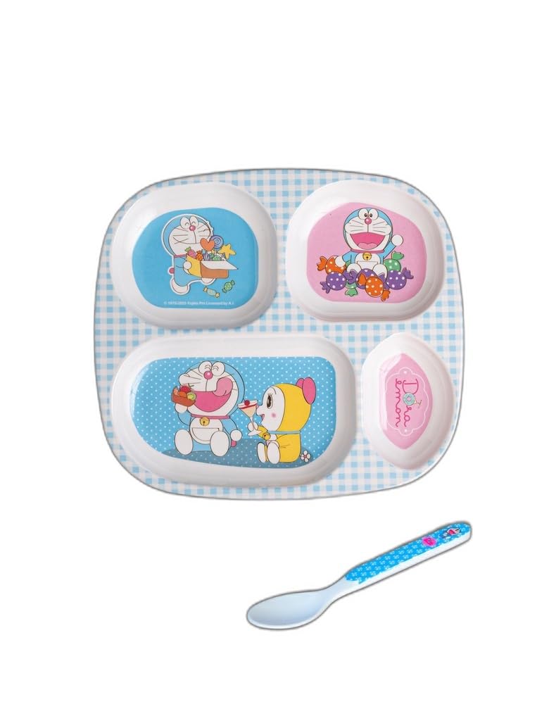 Superware Melamine Kids Partition Dinner Plate Set with Spoon Doraemon Character Design Sweet Food Toddler Dining Dishware Pack of Two - Image 1