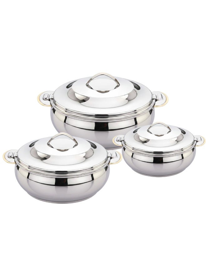 SEAGULL MARWA Stainless Steel Hotpot 3-Piece Set 2.5L/3.5L/5L | Double Wall Insulated Casserole Set | Keeps Food Hot & Fresh for Long Hours | Mirror Finish | Ideal for Rice, Curry & Biryani- STEEL FINISH - Image 1