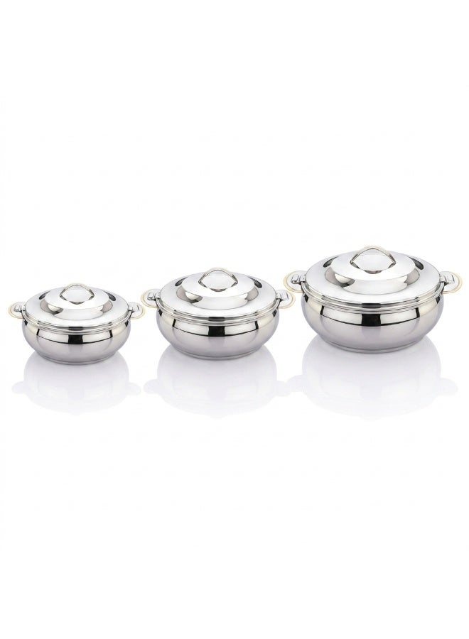 SEAGULL MARWA Stainless Steel Hotpot 3-Piece Set 2.5L/3.5L/5L | Double Wall Insulated Casserole Set | Keeps Food Hot & Fresh for Long Hours | Mirror Finish | Ideal for Rice, Curry & Biryani- STEEL FINISH - Image 4